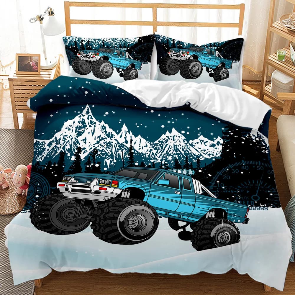 Set copripiumino per camion Set di biancheria da letto per veicoli fuoristrada per camioncino Monster blu per auto per ragazzi Copripiumino king size