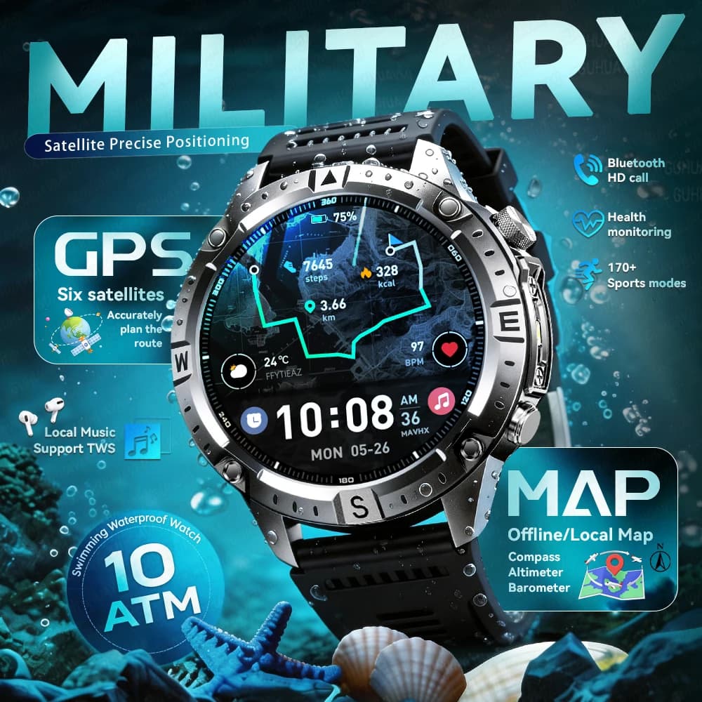 Nuovo Smartwatch Militare 2026 con GPS, Mappe Offline, Impermeabile 10ATM, 2GB RAM, Musica, Altimetro, Bussola, Chiamate Bluetooth, Fitness e Sport per Uomo