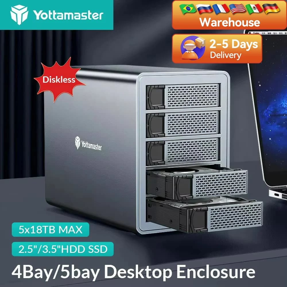 Yottamaster Custodia per disco rigido esterno RAID da 5 alloggiamenti da 90 TB Alimentazione da 150 W con ventola di raffreddamento Archiviazione per disco rigido SSD HDD SATA da 2,5 "3,5"