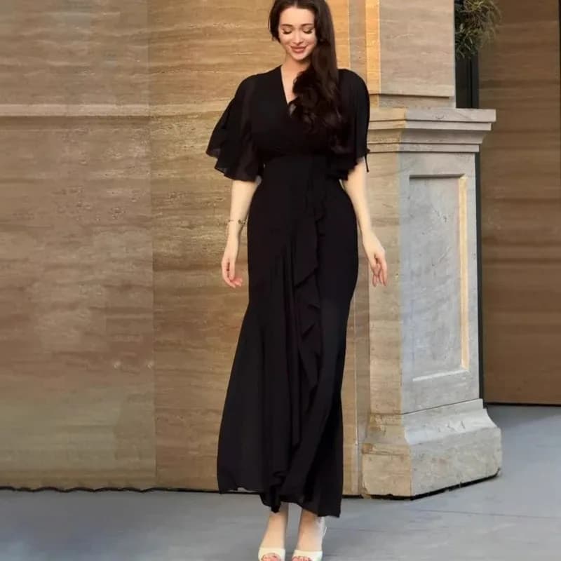 Solid Long Dress Women Flare Sleeve A Line Dresses Casual Ruffles Midi Waist Vestidos V Neck Office Lady Slight Strech 2026