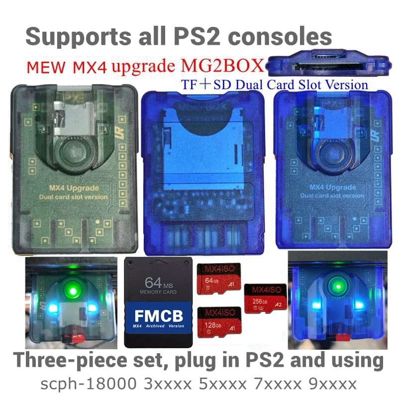 Adattatore per schede TF/SD MX4 Dual Slot Edition MG2BOX per TUTTE le console PS2 + Combinazione opzionale di schede TF/SD da 256G/128G/64G + Scheda PS2 FMCB