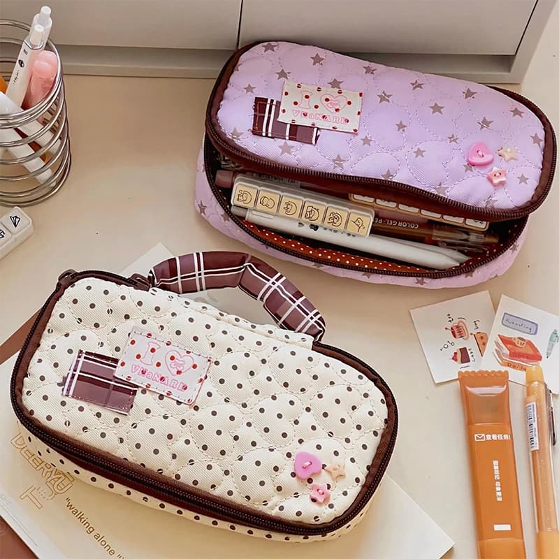 Astuccio Vintage Portatile con Motivo a Pois, Grande Capacità, per Studenti