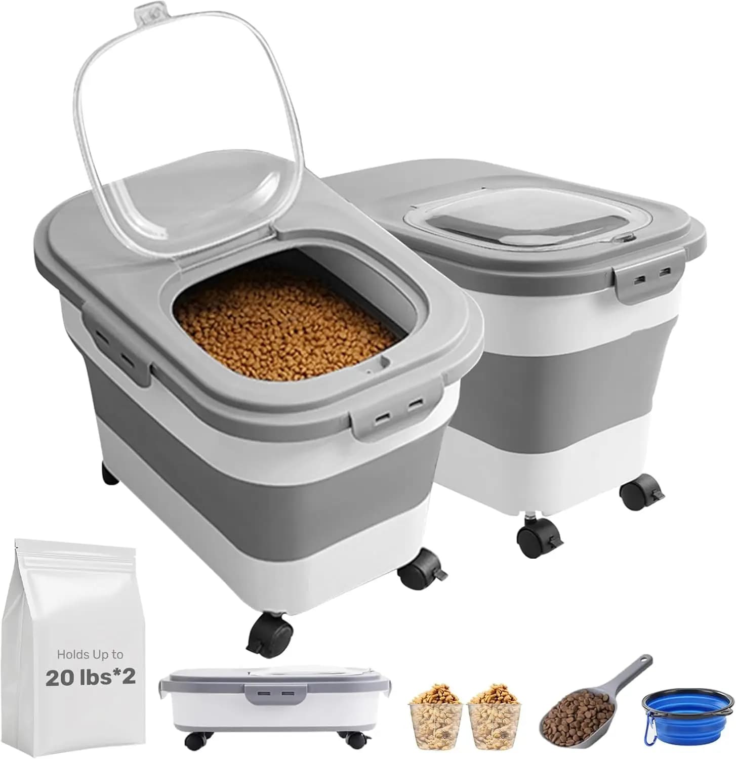 Contenitore Pieghevole per Cibo per Cani con Ciotola da Viaggio e Paletta, Fino a 2 Confezioni*20LB, Mantiene il Cibo Secco Fresco e Facile da Trasportare