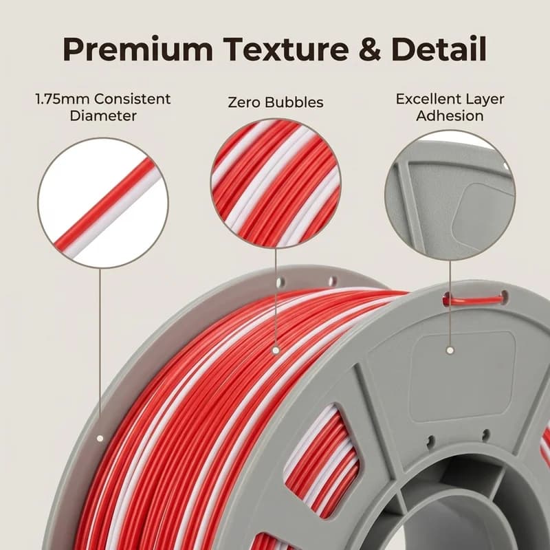 Silk Red and White Co-Extruded PLA 3D Printer Filament, 1.75mm, 300g Spool, Dual-Color Shiny FDM Printing Material