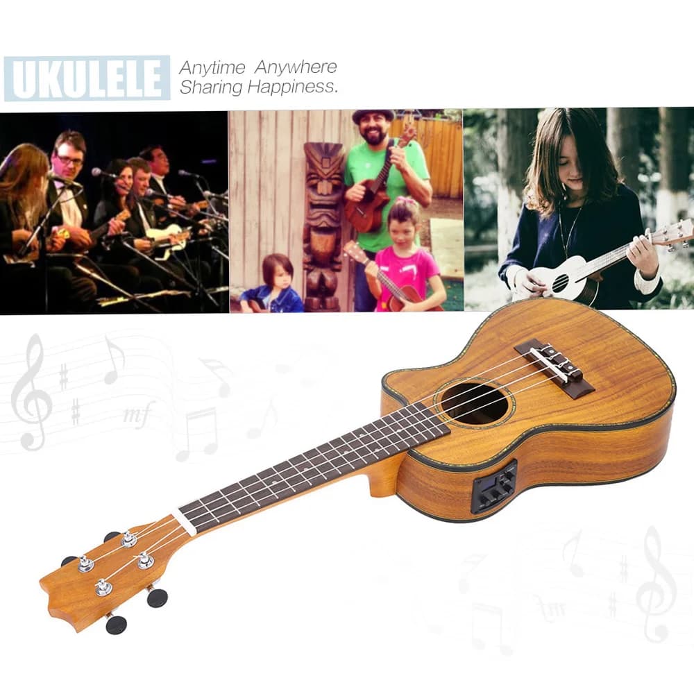 Strumento a corda per ukulele da 24 pollici LED EQ Koa/frame di conchiglia di ciprea in compensato/sella per osso di scatola/4 corde manopola chiusa per principianti