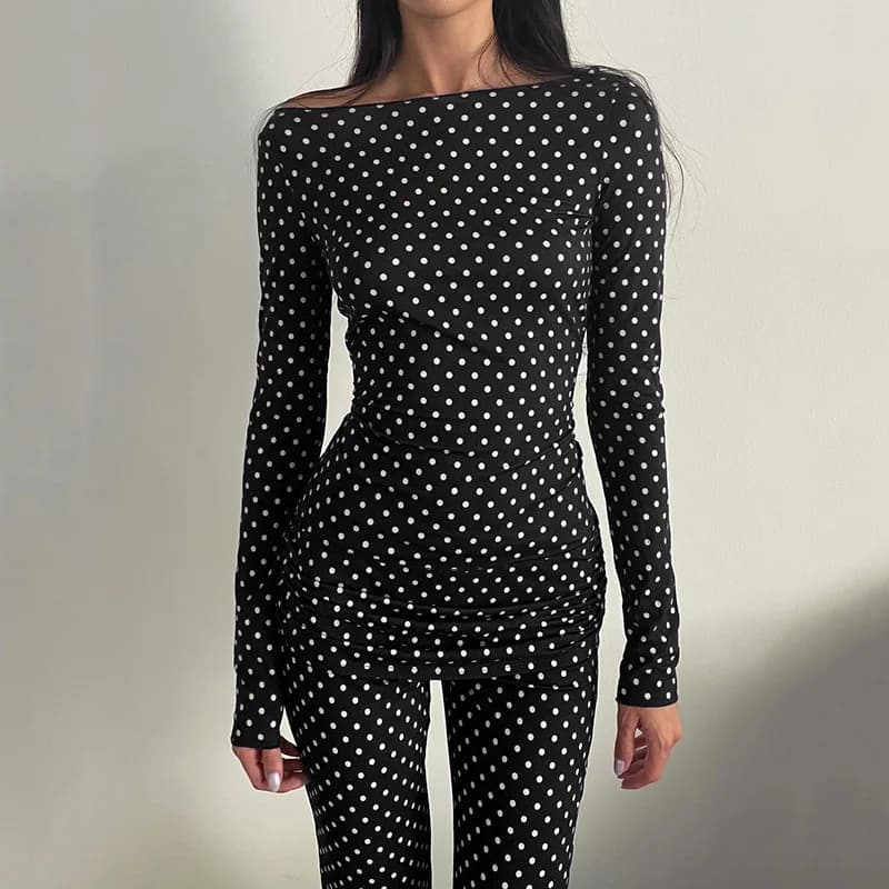 DSMTRC Woman Autumn Two Piece Set Outfit Classy Polka Dots Printed Elegant Long Sleeve Crop Top+Low Waist Pants Ladies Tracksuit