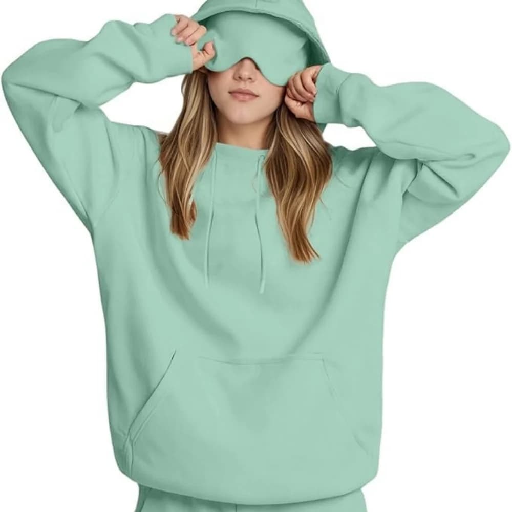 Women Solid Color Built-in Eye Mask Loose Long Sleeve Pullover Hoodie Casual Vacation Holiday Home Club Sweatshirt Top