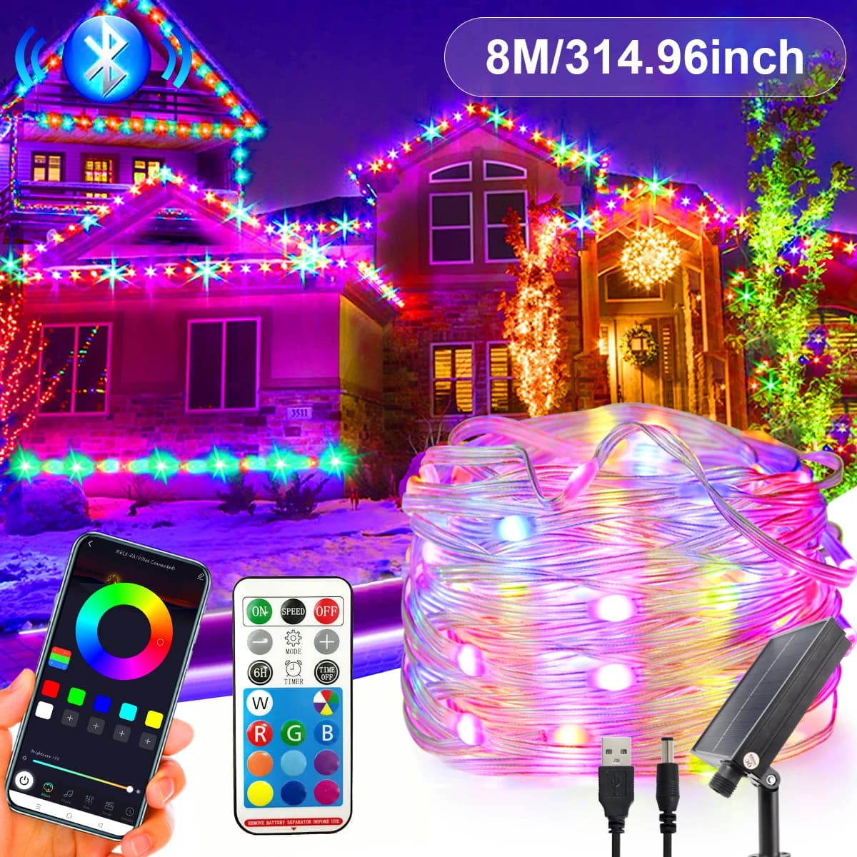 20M RGBIC Fata Luce Della Stringa Solare Bluetooth Ghirlanda Impermeabile Lampada Della Stringa Di Natale Smart Dreamcolor per la Festa Di Natale a Casa