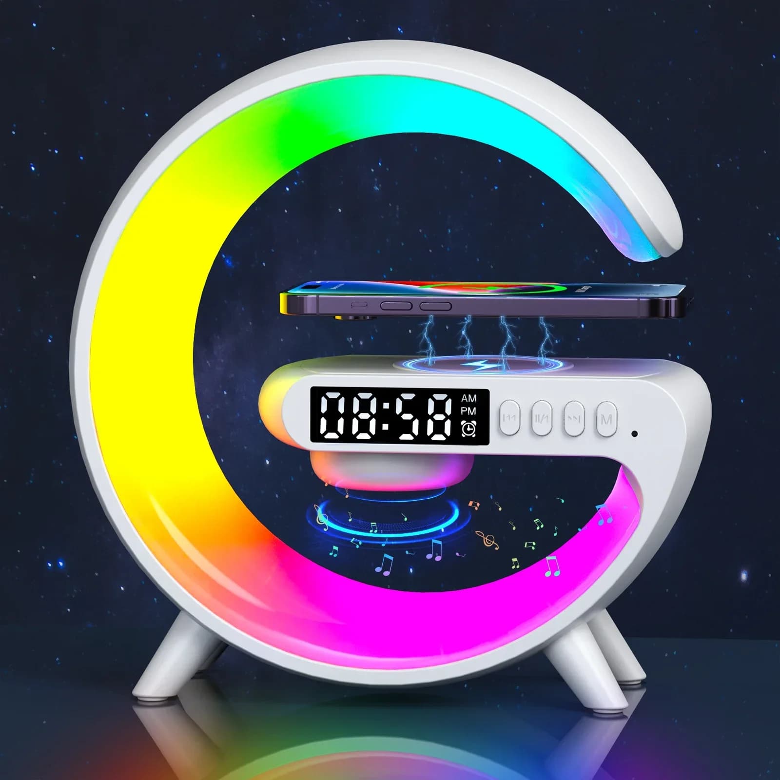 Caricatore Wireless Multifunzione con Altoparlante, Luce Notturna RGB e Slot TF, Stazione di Ricarica Rapida 15W per iPhone Samsung Xiaomi Huawei