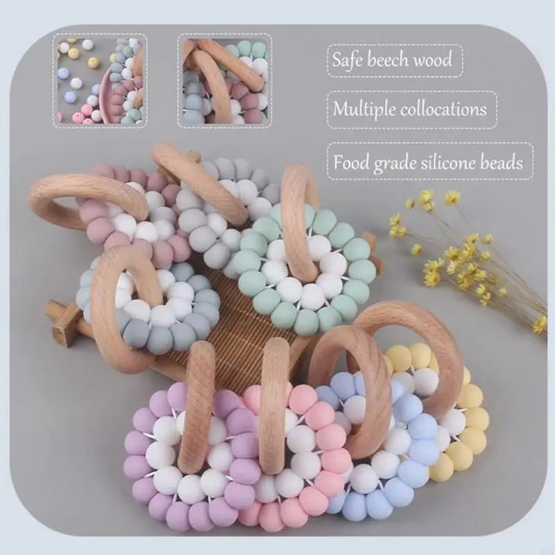 Baby Wooden Ring Teether Bracelet Silicone Beads Rattle Molar Soother