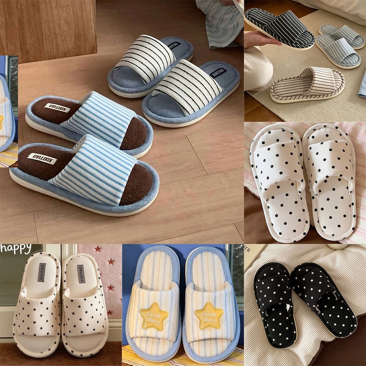 Women's House Fur Slippers Casual Fashion Stripe Design Blue White Cute Lovely Indoor Non-slip Warm Soft Soles Comfy Home Light