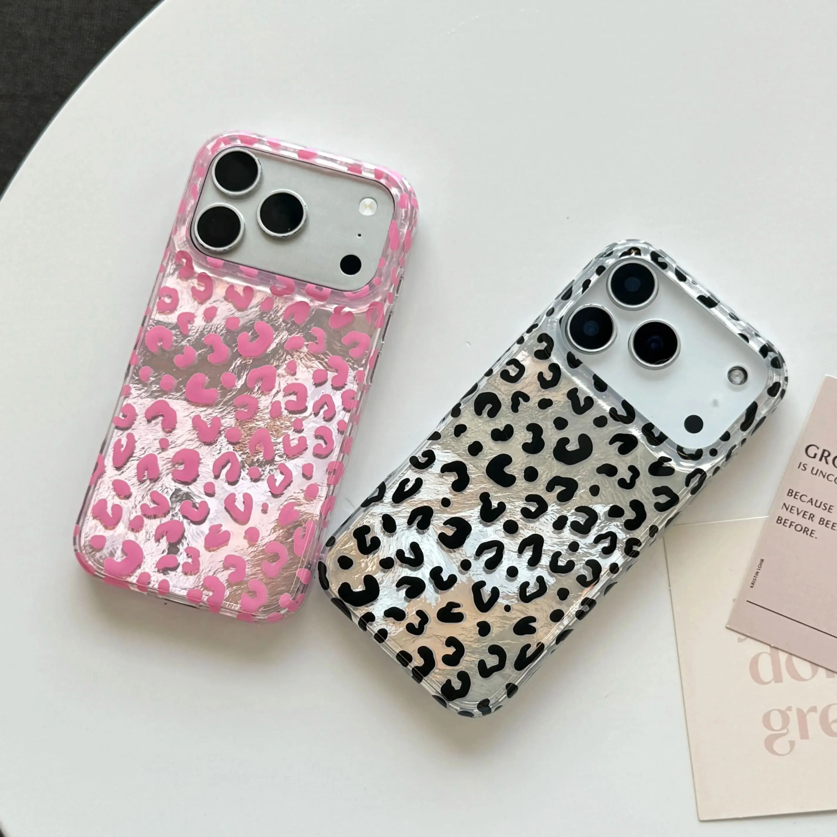 Fashion Retro Black Pink Leopard Print Pattern Glacier Texture Glossy Protective Cover Case For iPhone 17 16 15 14 Pro Max