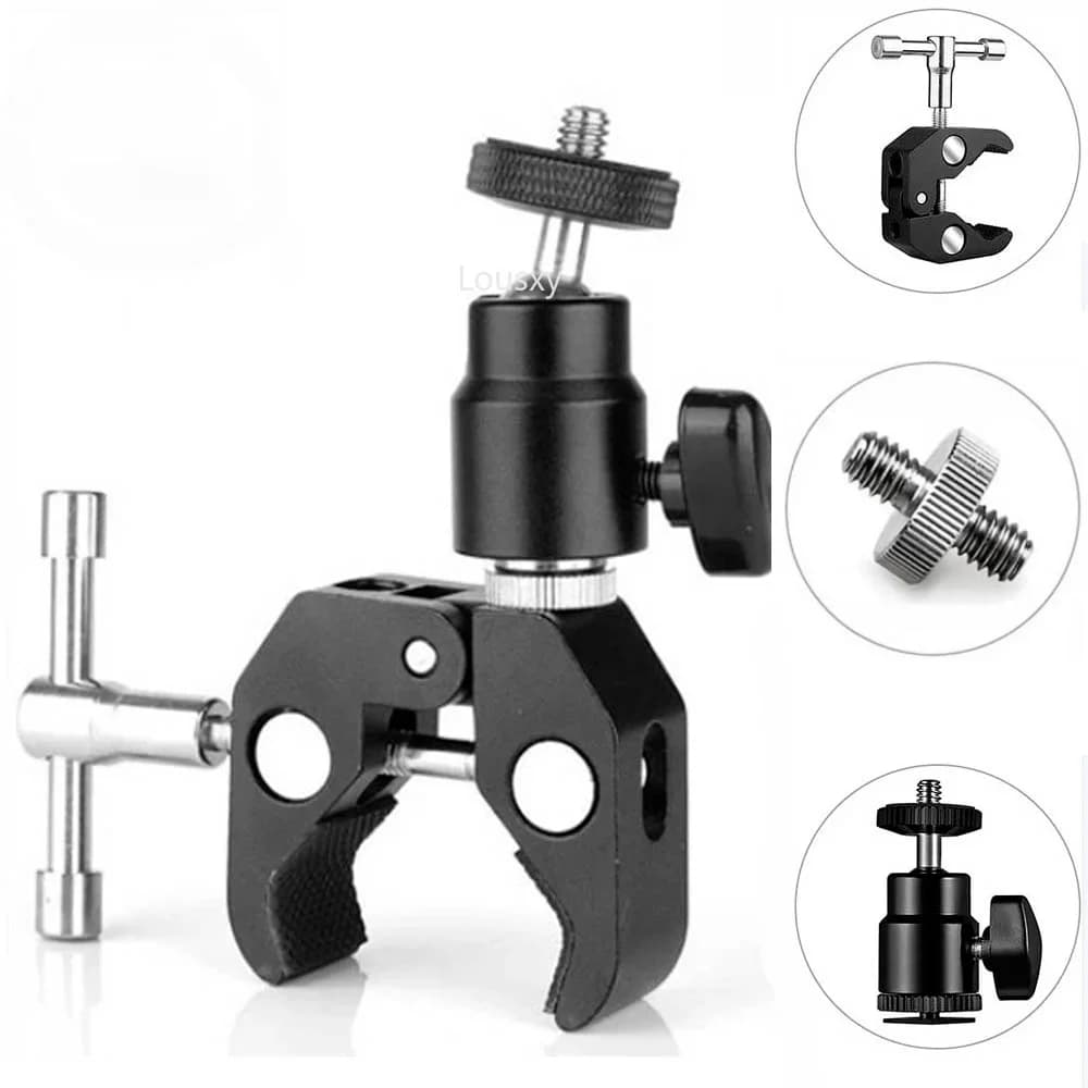 Morsetto super in metallo CNC con 360 ° Staffa per morsetto a sgancio rapido mini testa a sfera Supporto per treppiede Clip a vite 1/4 per fotocamera DSLR Gopro