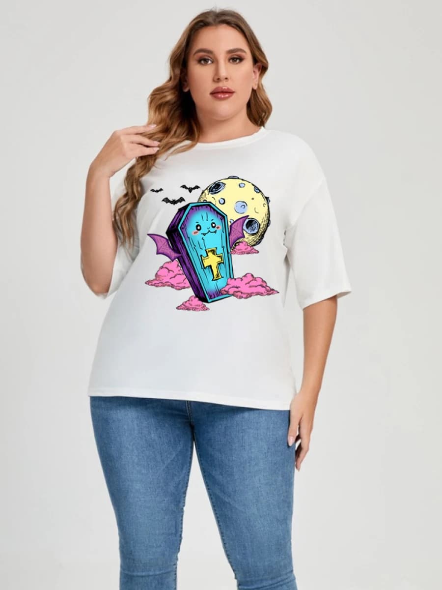 150KG 5XL 6XL Plus Size Nero Bianco T-shirt in cotone per le donne Estate Casual T-shirt da donna Stampa di grandi dimensioni Tombstone Magliette e camicette carine
