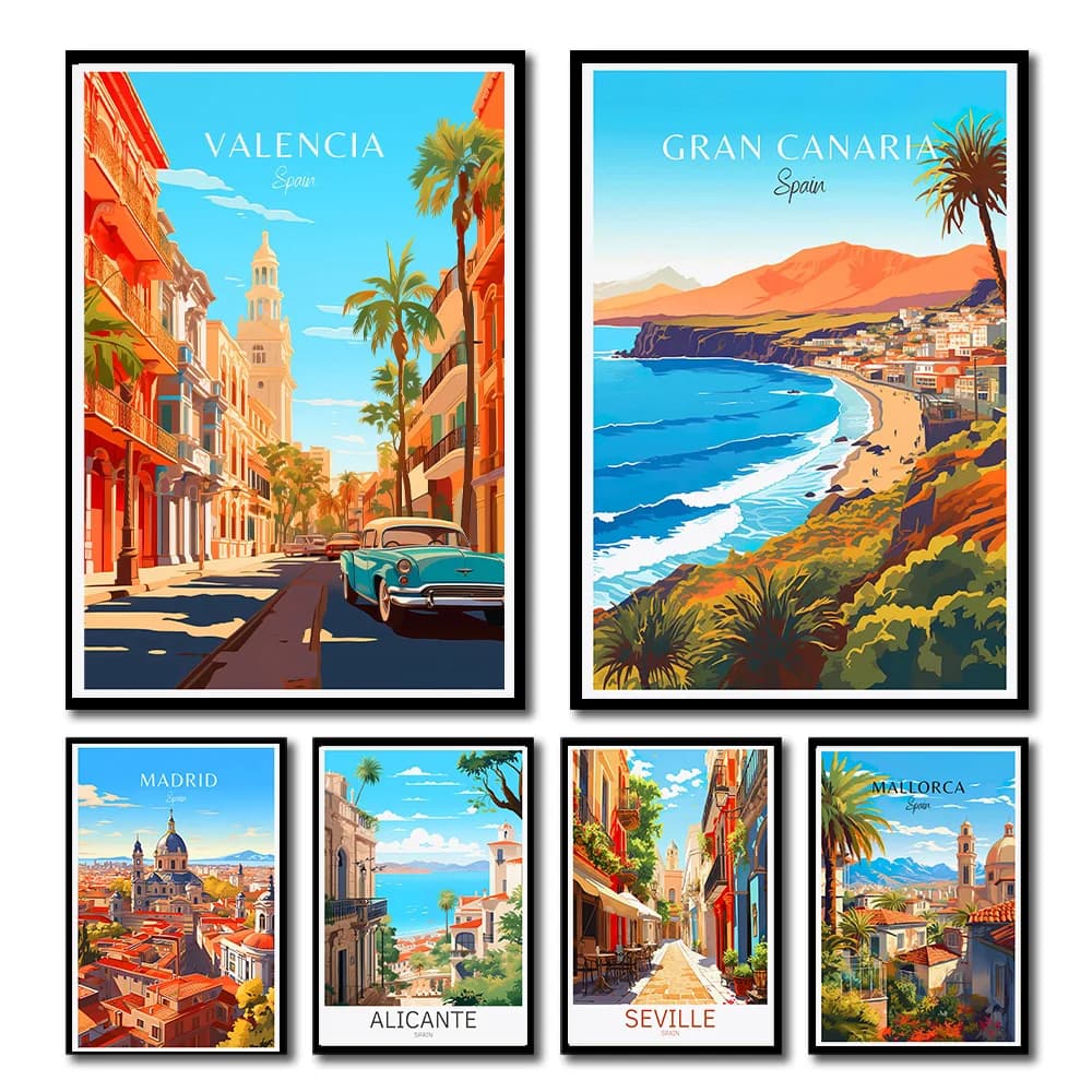 Poster di Viaggio Spagna: Parigi, Gran Canaria, Barcellona, Madrid, Granada - Stampa su Tela Paesaggistica, Quadro da Parete per Casa e Ufficio
