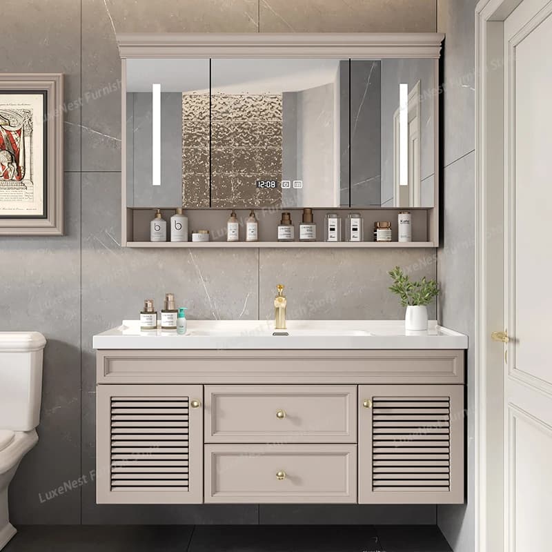 Armadio Contenitore per Bagno con Specchio, Scaffali, Vetrina Salvaspazio per Gioielli, Mobile Espositore in Legno con Cassetti, Arredamento Vestidores