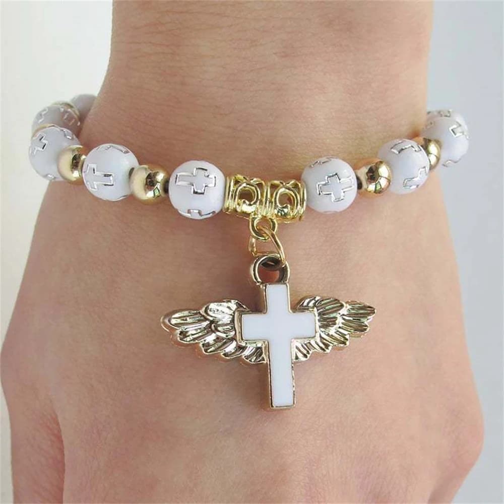 Raffinati Braccialetti Rosario con Ali d'Angelo e Croce, Bracciali Elastici in Acrilico Bronzato per Donne e Ragazze, Regalo Religioso