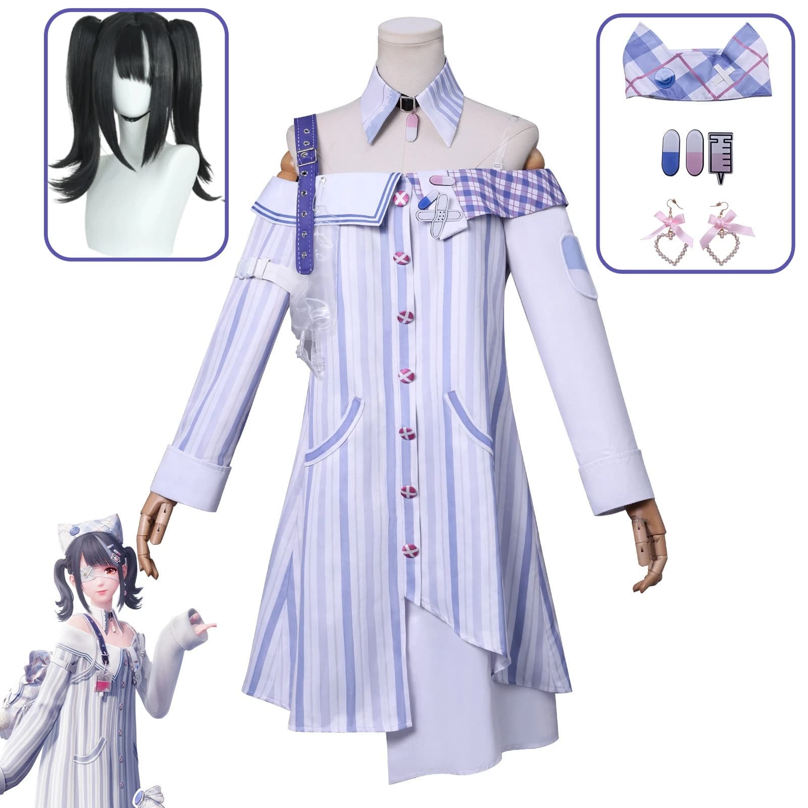 Infinity Nikki Cosplay Costume Nikki Experimental Whimsy Patient Gown Uniform Dress Wig Set Game Halloween Comic Show Outfits