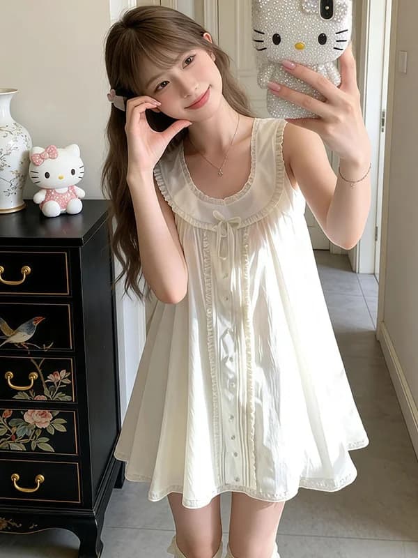 Daily Commute White A-Line Skirt Women's Summer Korean Style Sleeveless Doll Collar Knot Short Slimming Dress