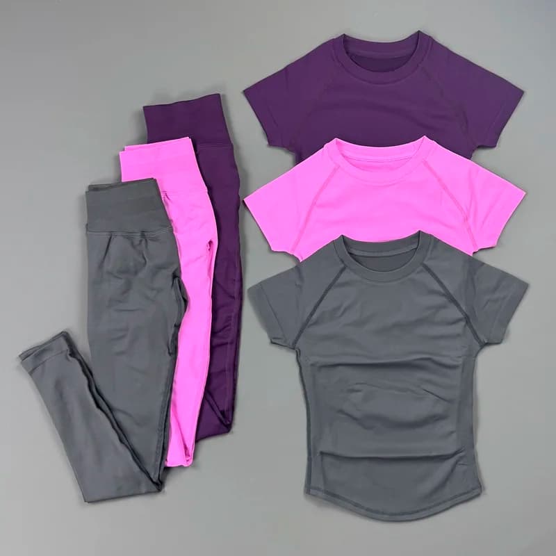 2Piece Gym Set Women Raglan Short Sleeve Sports Top High Waist Seamless Leggings Fabric Butt Shaping Skinny Pants Pilates Outfit