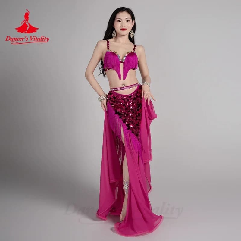 Belly Dancing Set for Women Custom Senior AB Stones Tassel Bra+Sequined Chiffon Long Skirt 2pcs Belly Dance Performance Costume