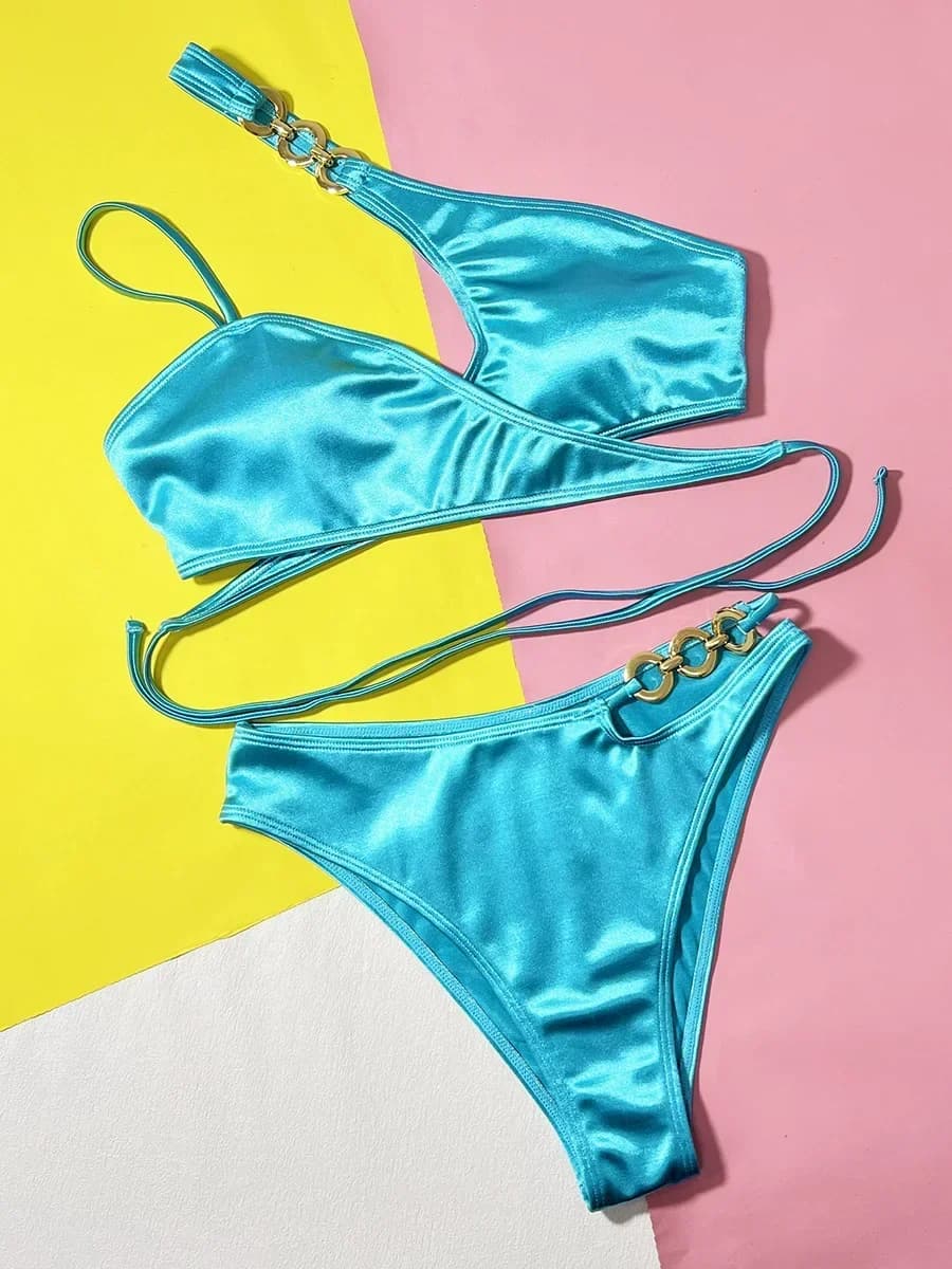 Asymmetrical Satin One Shoulder Bikini Female Swimsuit Women Swimwear Two-pieces Bikini Set Metal Chains Bathing Suit Swim Lady