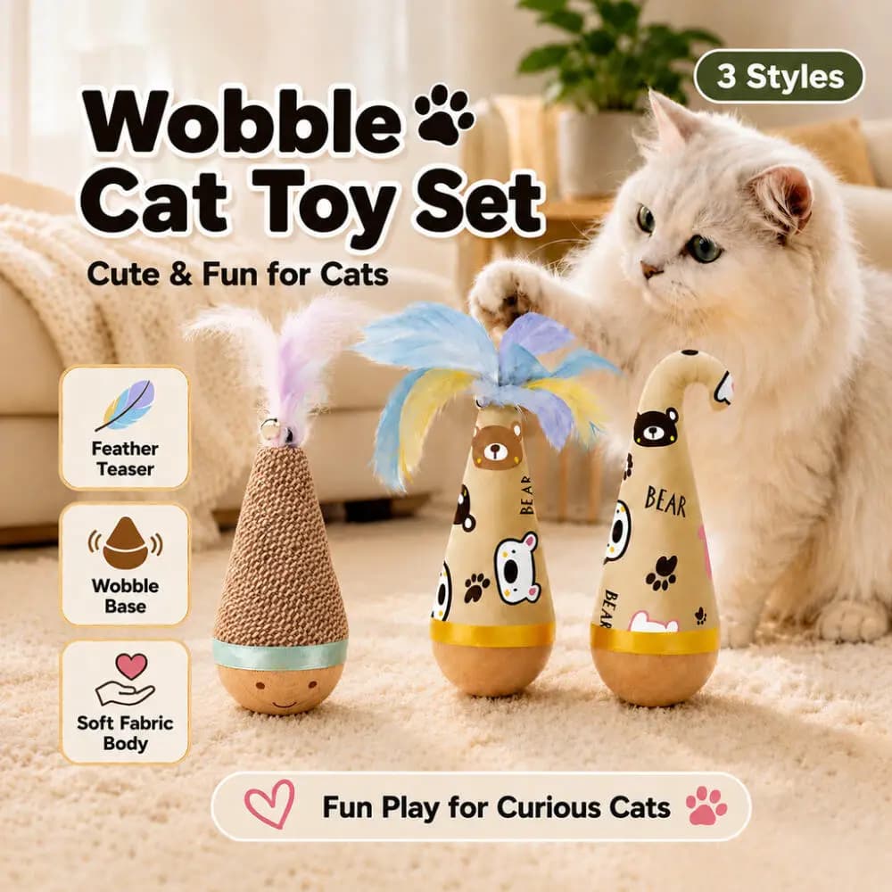 Interactive Wobble Cat Toy Natural Wooden Tumbler Feather Teaser for Indoor Kittens Self Playing Boredom Relief Exercise Pet Toy