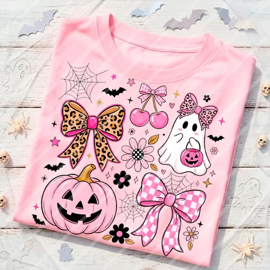 Pink Halloween Ghost Pumpkin DIY DTF Iron On Heat Transfer Sticker Decals T-shirts Sweatshirts Bags Pillowcases Clothing Decor