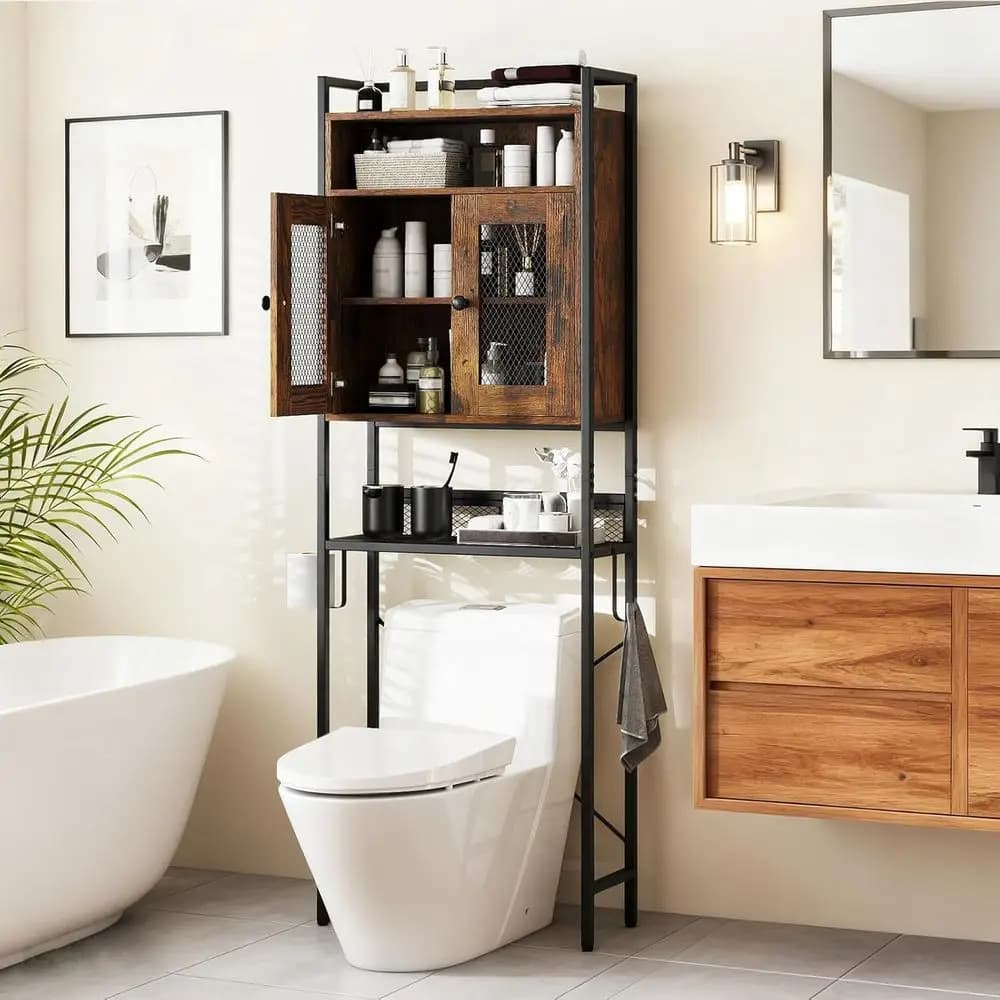 Mobiletto Salvaspazio per Bagno con Portarotolo e Supporto in Rete Metallica per Bagno o Lavanderia
