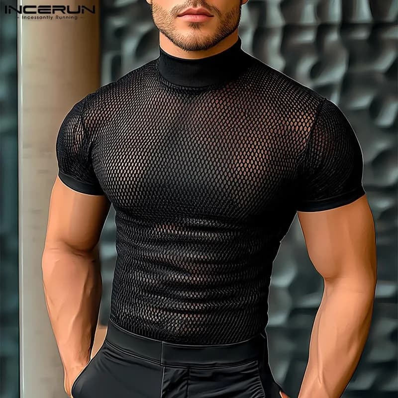 T-shirt estive INCERUN Mesh Tee See Through Hollow Out Tops Tee Abbigliamento da uomo Manica corta Sexy Streetwear Top oversize
