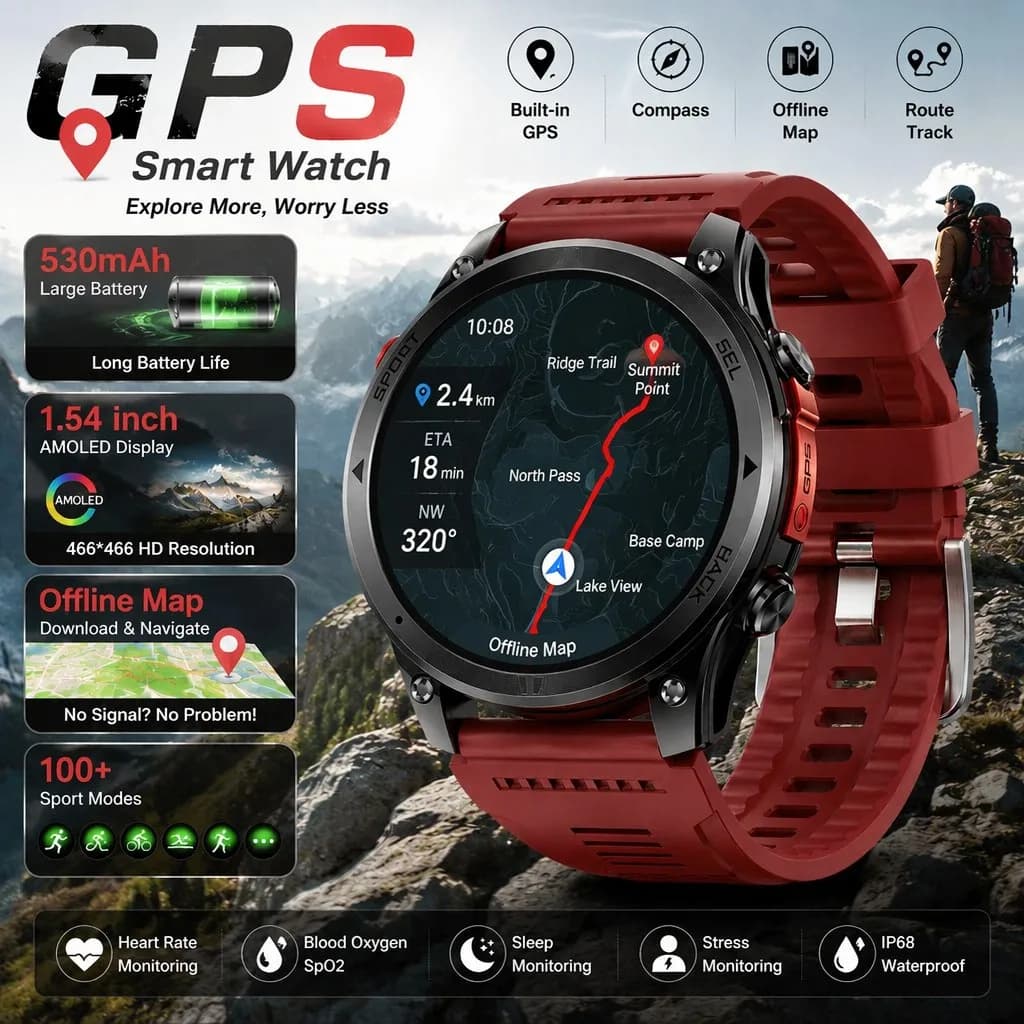 LIGE New GPS Path Tracker Smart Watch 24/7 Health Monitoring Outdoors Sports Tracking Offline Map Compass Waterproof Smartwatch