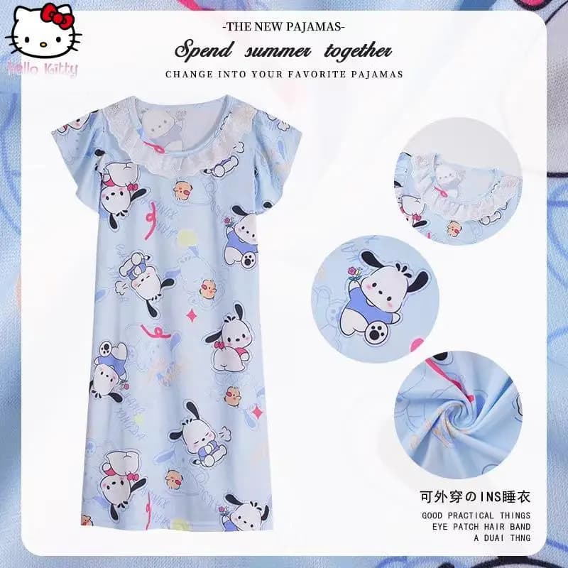 Nuovo Pigiama Estivo per Bambina con Cartoni Animati, Maniche Corte in Pizzo, Stile Principessa, Hello Kitty Kuromi, Camicia da Notte Kawaii