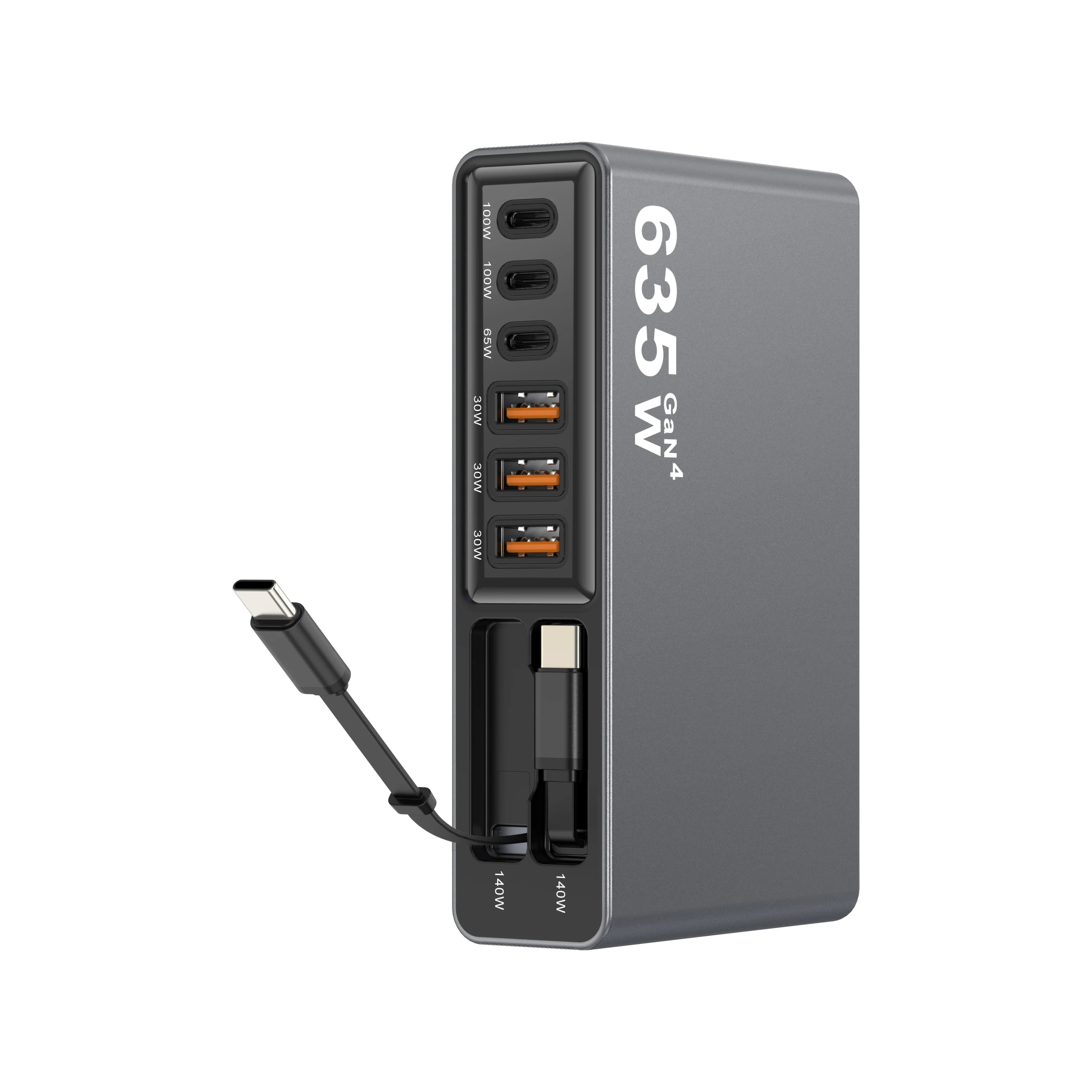 635W GaN4 Multi-Port Charging Station High Power USB-C Desktop Charger with Built-in Cables For Phones & Gaming Devices