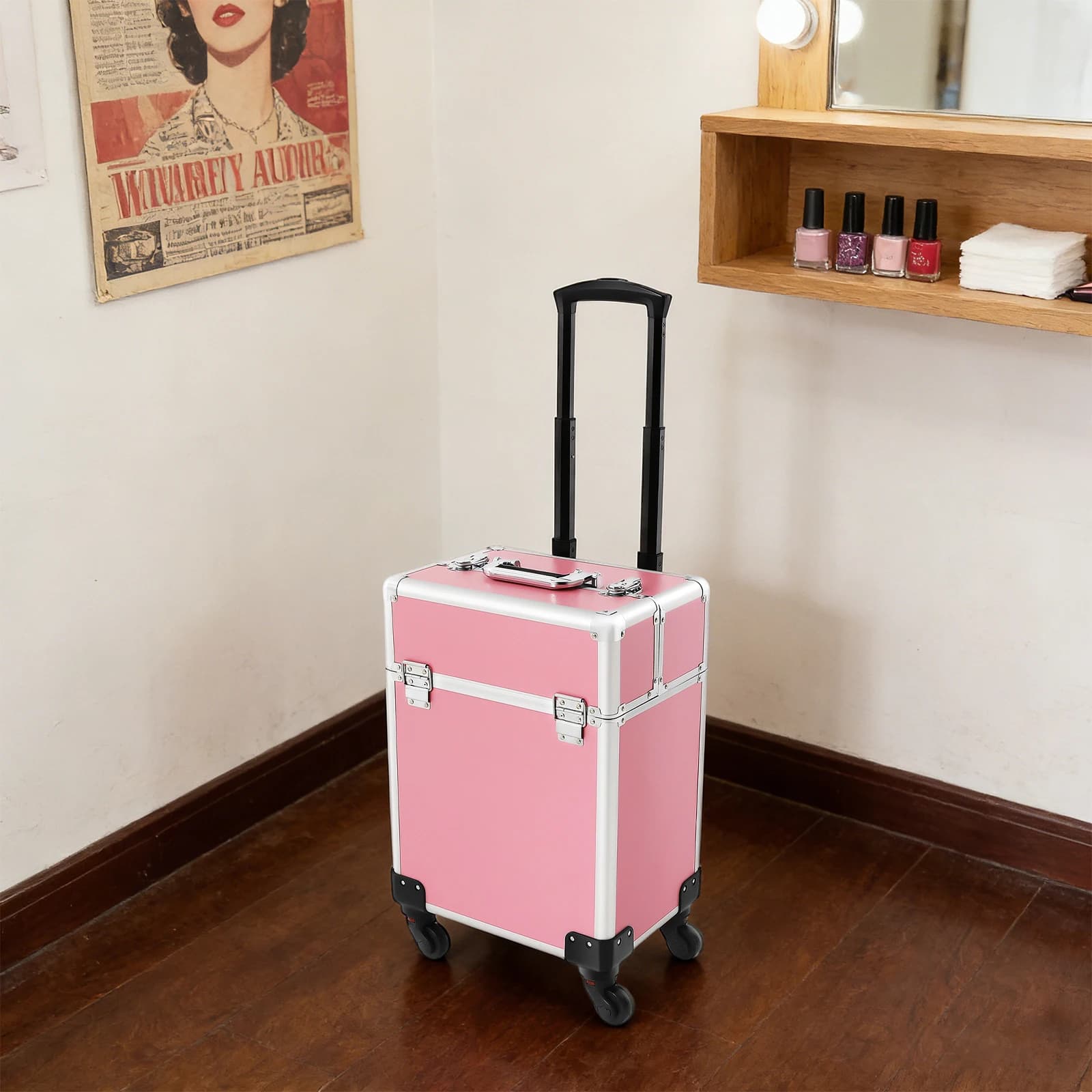 Rolling Makeup Train Case Cosmetic Trolley with Keys Hairdressing Travel Case Aluminum Frame Lockable Beauty Storage Box Removable Wheels 3-Gear Telescopic Rod Large Capacity For Makeup Artist Nail Technician Salon