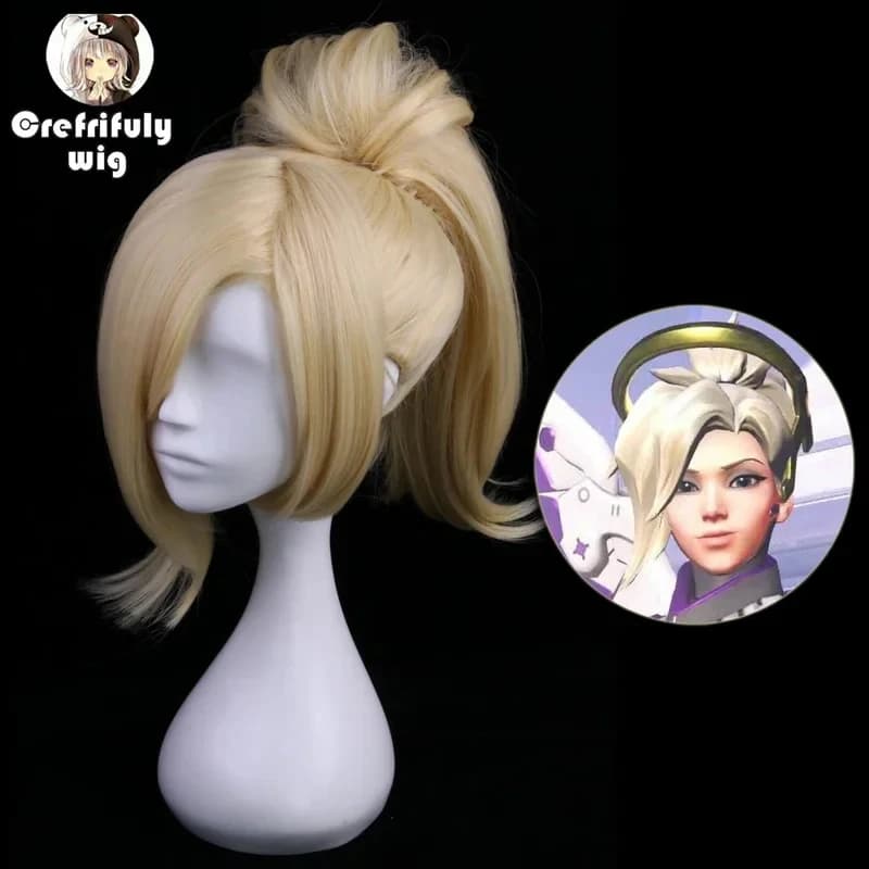 2026 35Cm Synthetic Short Blonde Wig Costume Game OW Overwatch Mercy Cosplay Wigs With One Chip AR9V6