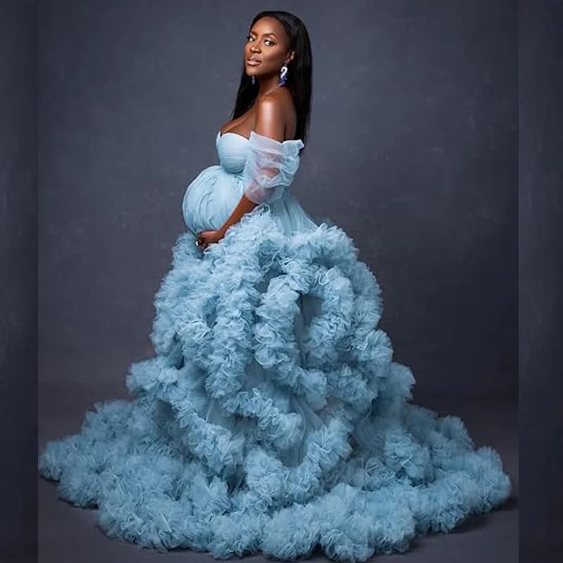 Women's Off Shoulder Tulle Robe Pregnancy Dresses for Maternity Photoshoot Puffy Ruffles Bridal Lingerie Bathgown