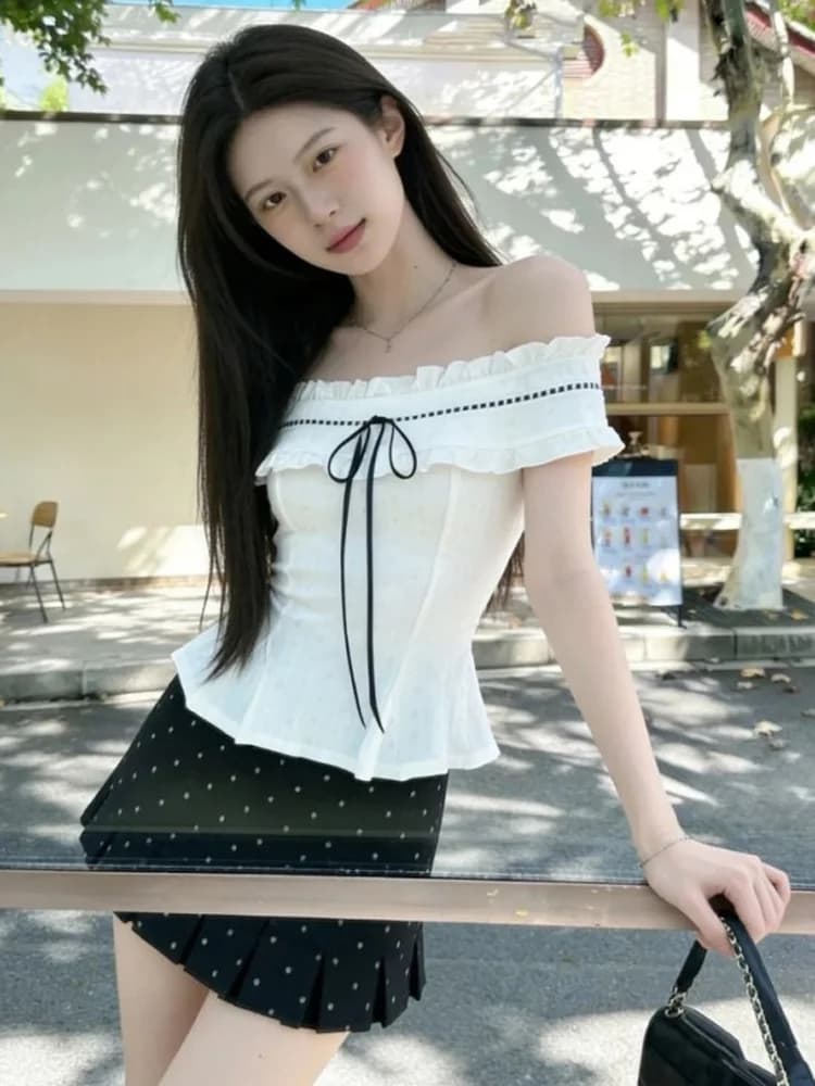 Elegant Polka Dot One Shoulder Bow Tie Top And Skirt Set Women's Summer Fashion Breathable Short Sleeve High Waist Midi Skirt