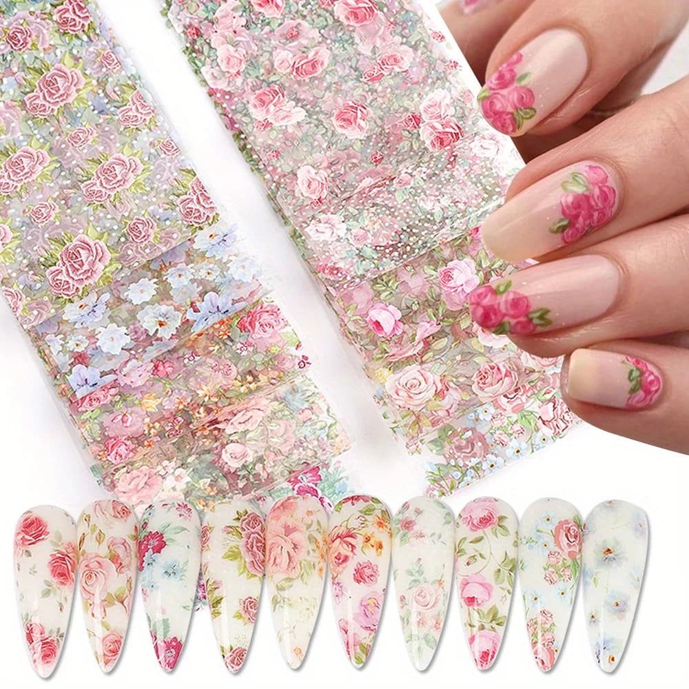 Set of stickers for transfer of mixed sheets for nail art from 10 pieces Rose flower drawings Starry Sky Nail Polishing Decoration for summer manicure for weddings