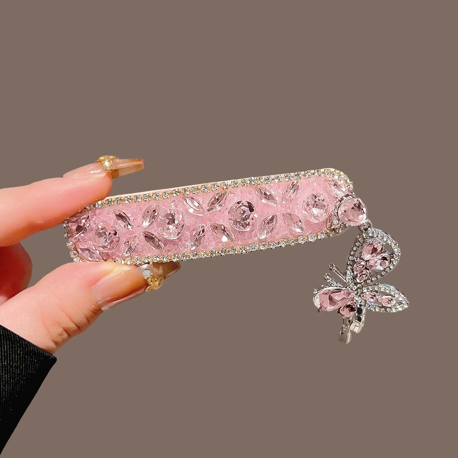 Fermaglio per capelli classico con strass e nappa a farfalla, fermaglio a becco d'anatra resistente per frangia laterale, accessori per capelli