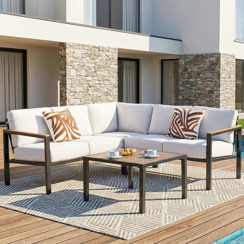 Set di Mobili da Esterno a 6 Pezzi con Cuscini Spessi in Olefin, Braccioli in Legno e Tavolo, Design Ergonomico con Schienale Alto per