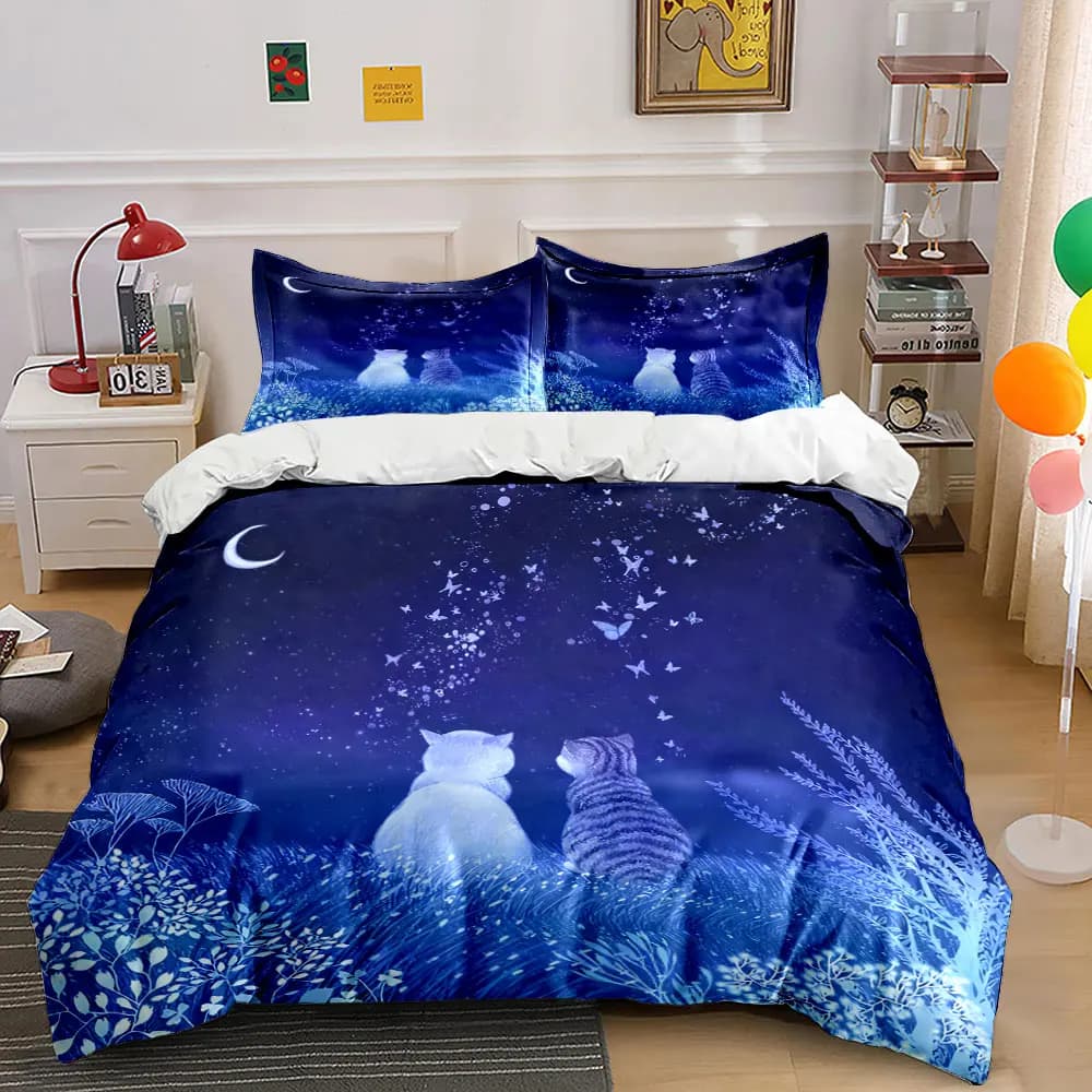 Set Decorativo Notte Romantica con Gatti - Set Biancheria da Letto Morbido e Confortevole con 1 Copripiumino e 2 Federe, idea regalo