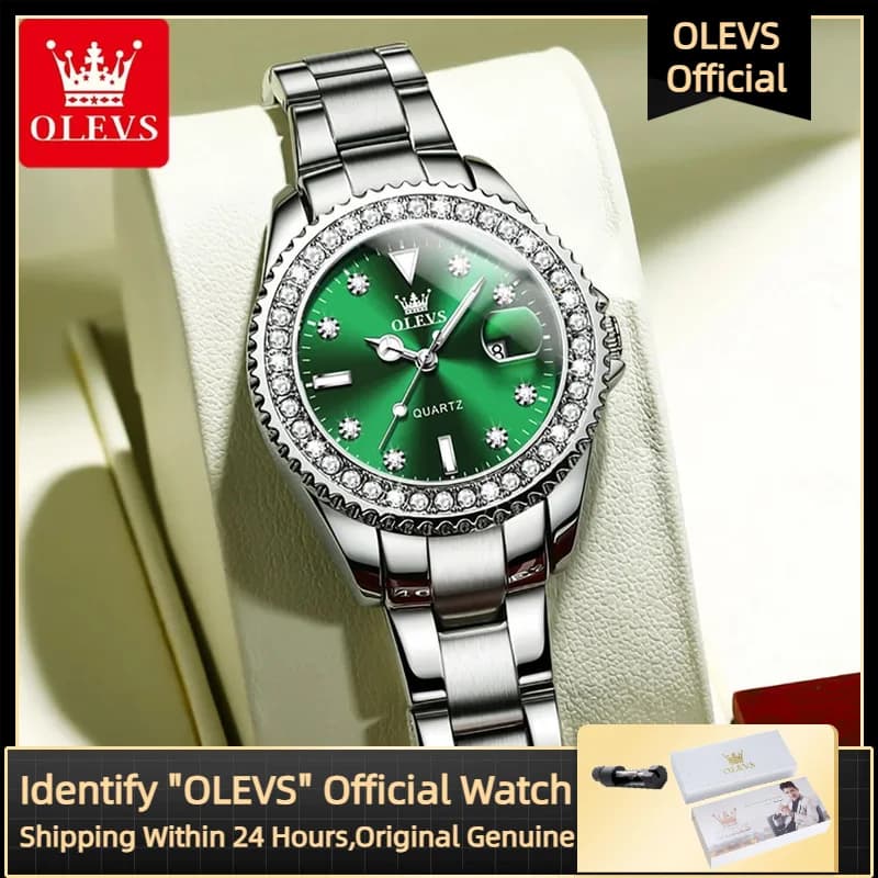 OLEVS elegant quartz watch original dial with luxury diamonds steel strap fashion leather strap light watch waterproof 9945