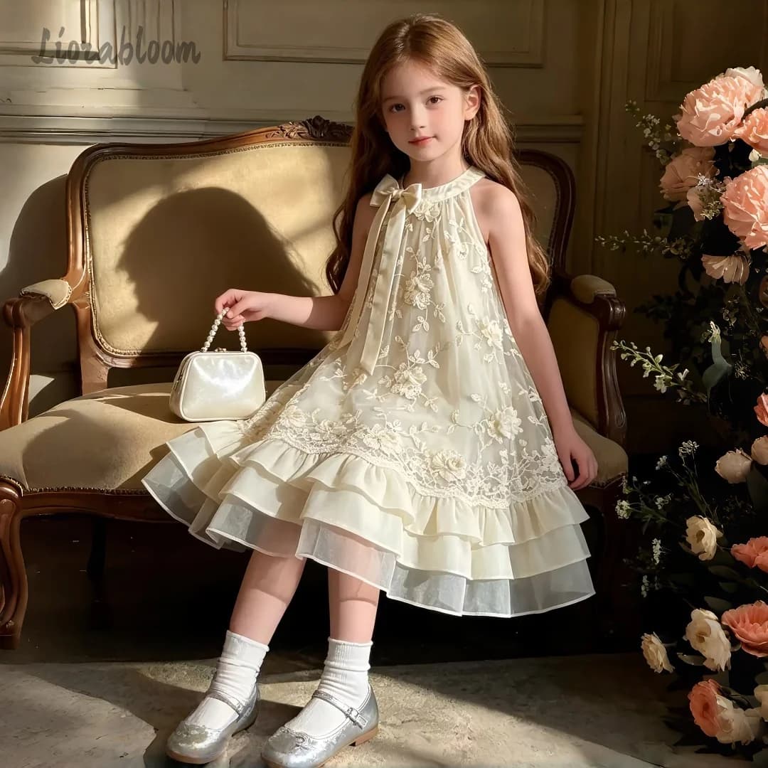 Abito da bambina in tulle e pizzo color champagne con scollo all'americana e balze a strati, ideale per damigella d'onore, matrimoni e feste di compleanno