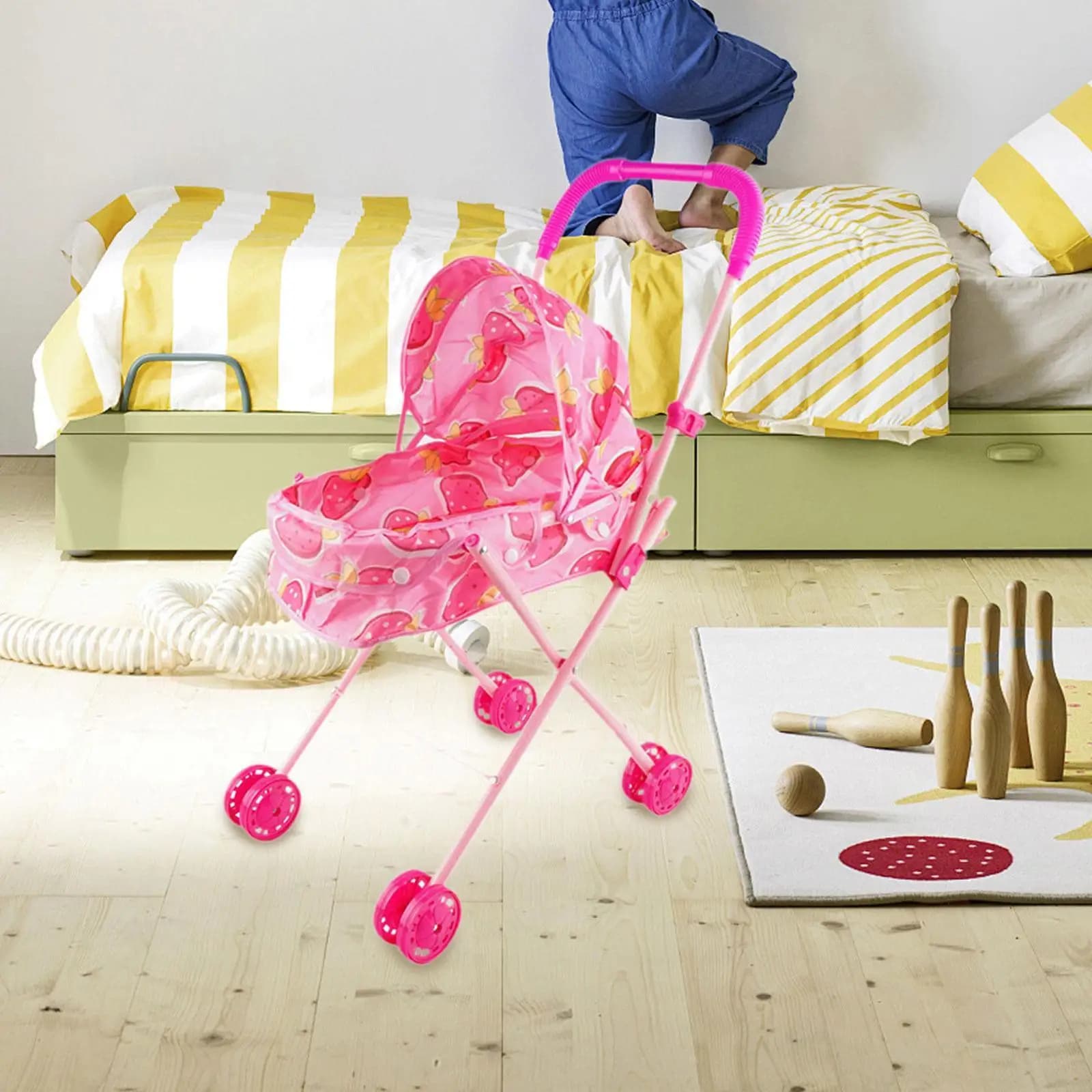 Mini carrozzina per bambole Sviluppo precoce Carrozza per bambole Accessori per bambole Decorazioni per casa delle bambole Giochi di imitazione Giocattolo interattivo per neonati (Rosa)