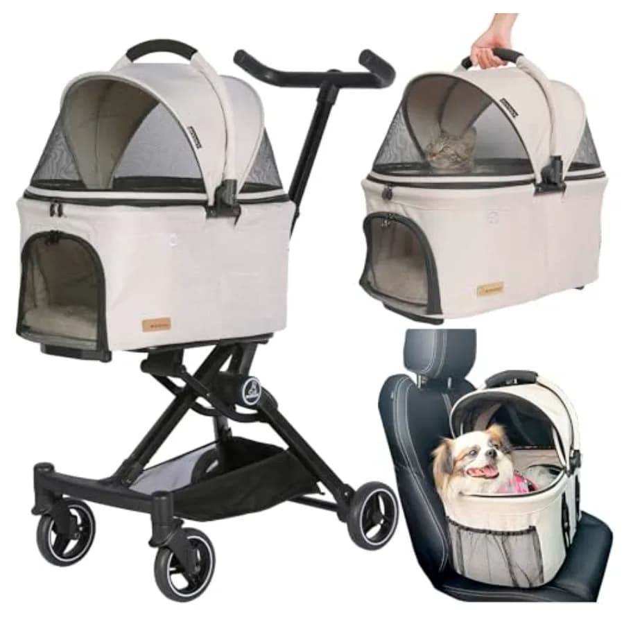 Passeggino per animali domestici per tutti i terreni, per cuccioli, gatti, conigli; telaio leggero in alluminio, colore nero; si piega compattamente, include accessori rimovibili