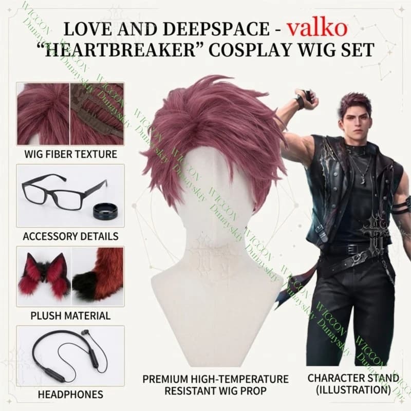 Love And Deepspace Valko Cosplay Set Wolf Ears Tail Styling Wig Glasses Halloween Rings Game Props For Comic Con Anime Party cos