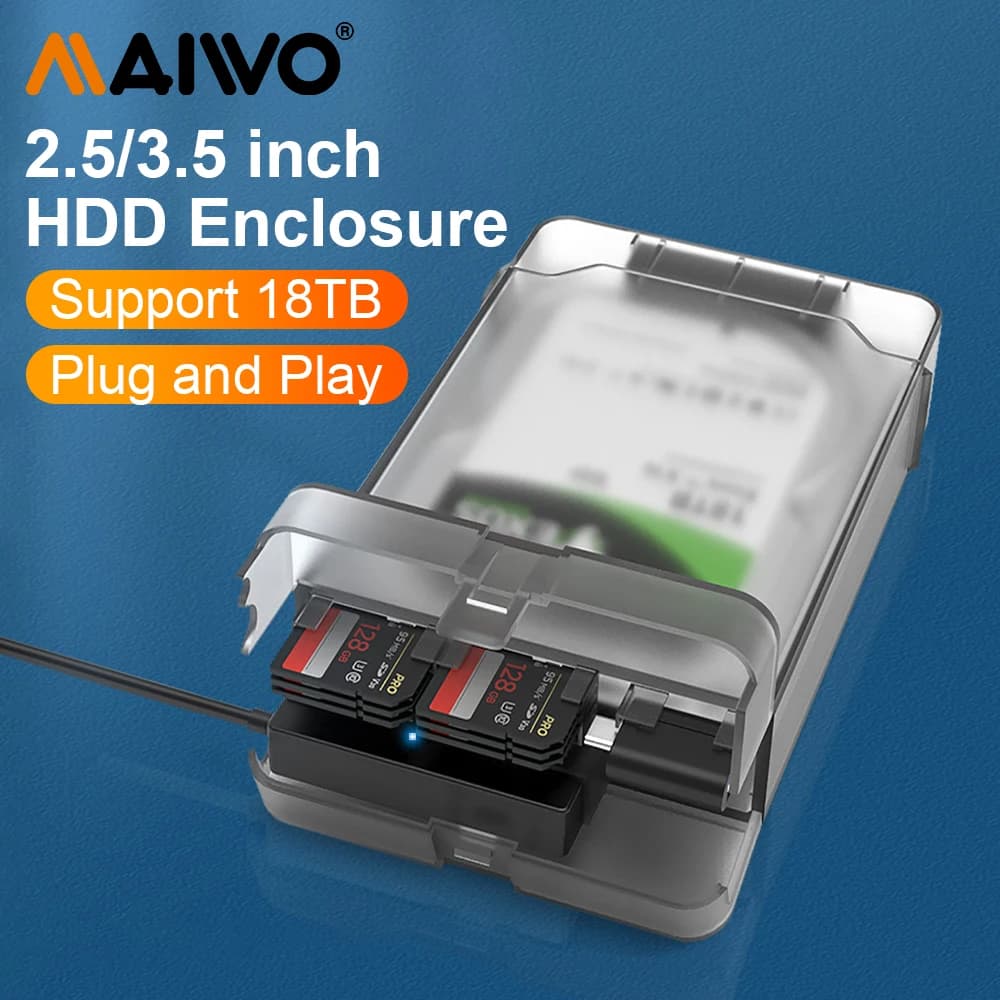 Custodia per disco rigido esterno MAIWO per HDD SSD SATA da 3.5 2.5 pollici con archiviazione di schede SD e lettore di scatole CD custodia HD velocità 6Gbps