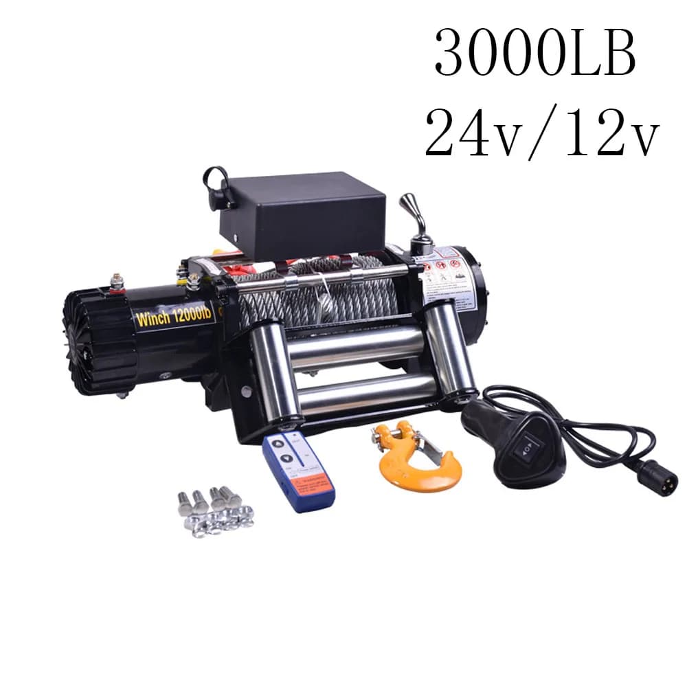 Verricello elettrico 3000LBS 24V/12V + corda sintetica 10M, controllo wireless, per verricello fuoristrada per recupero rimorchio camion barche ATV SUV