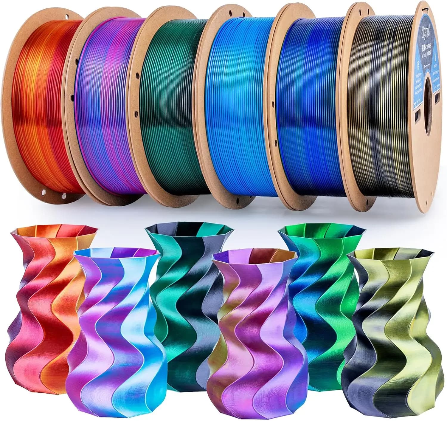 6-Color Silk PLA Filament 1.75mm Bundle, 6kg Total, High Gloss Metallic Finish for 3D Prints