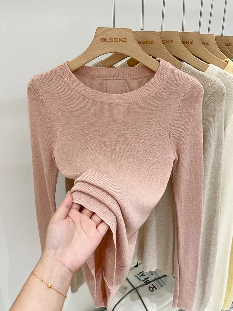 T-shirt slim con o-collo basic primaverile da donna tinta unita multi colore tutto-fiammifero tendenza casual top a vite maglia manica lunga elastica da ufficio signora